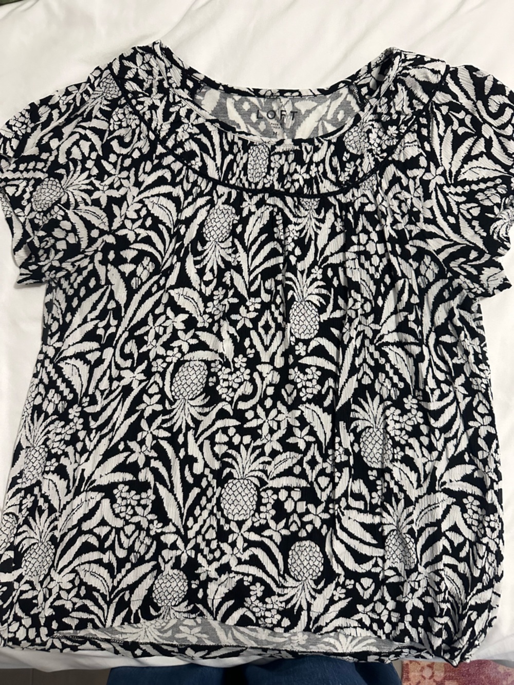 LOFT Black and White Floral Pineapple Print Blouse